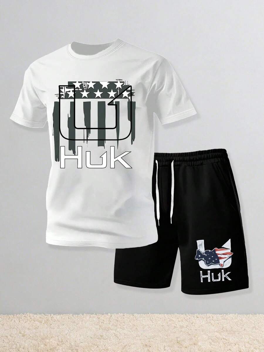 CHAOSHU HUK Independence DayAmerican Flag Fish Logo Print Men's Short Sleeve T-Shirt & Shorts Set Patriotic Fishing Two-Piece Outfit - 白色 - 查看 1