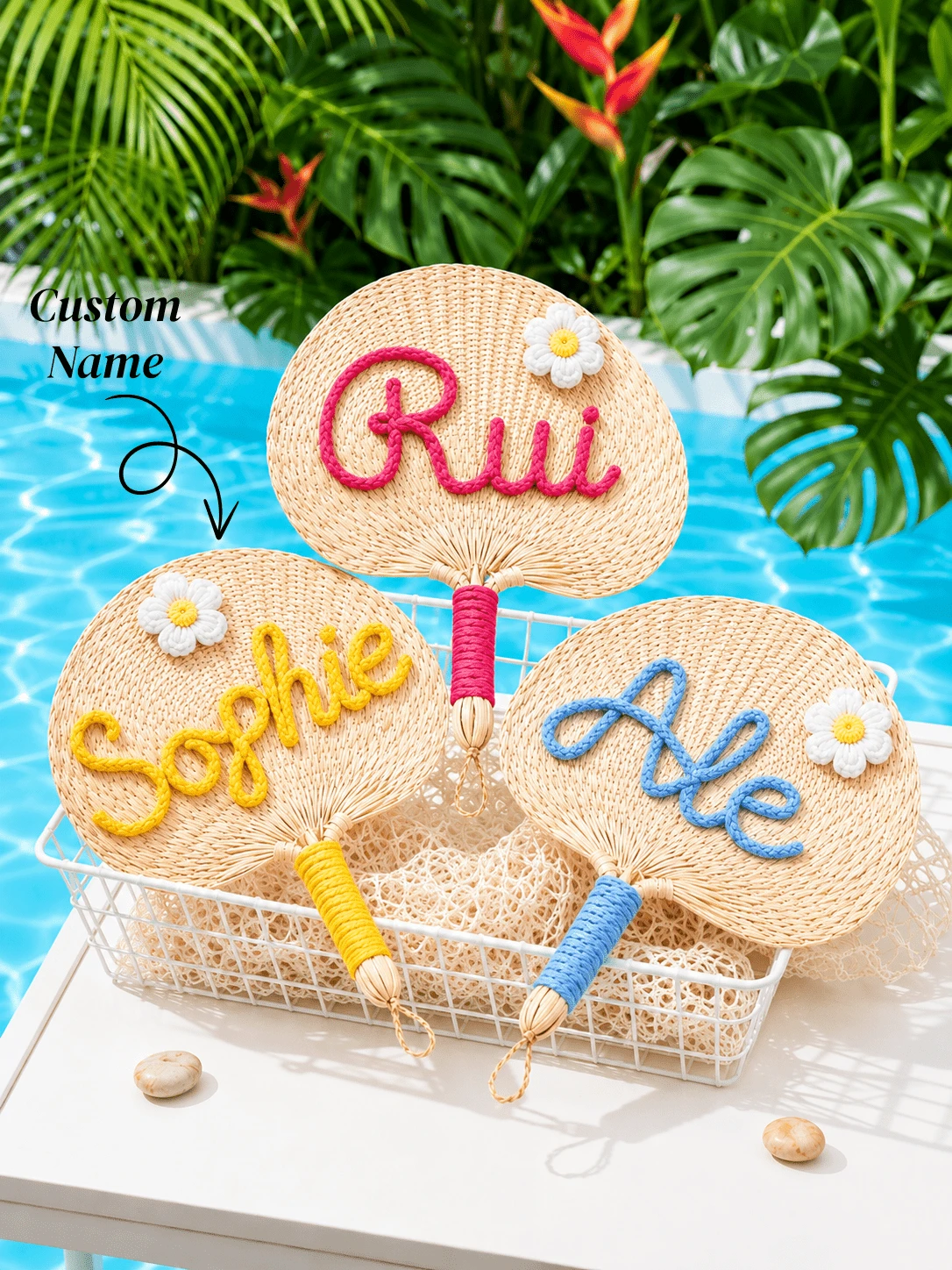 Personalized Woven Hand Fan | Custom Name Straw Palm Fan For Summer Wedding & Party - Multicolor - View 1