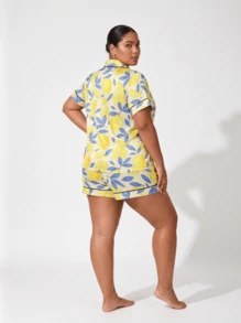 Snug League Marira Curve 2pcs/Set Cute Lemon Print Bow Decor Plus Size Ladies Pajama Set, Includes Short Sleeve Shirt With Collar & Button - Yellow - View 10