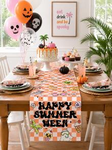 1pc-Happy Summerween Table Runner Retro, Orange Checkerboard Cute Ghost Table Topper, Groovy Spooky Summer Beach Theme Tablecloth Linen For Pool Party Kitchen Decor - Multicolor - View 11