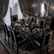 1/4/5/6/7 pezzi Set di coprisedia/coprisedia con stampa a motivo barocco nero & argento, adatto per interni domestici, ristoranti, hotel, scelta ideale per la decorazione quotidiana moderna. Tovaglia adatta per tavolo da pranzo quadrato, coprisedia elastico lavabile. - Multicolore - Visualizzare 2