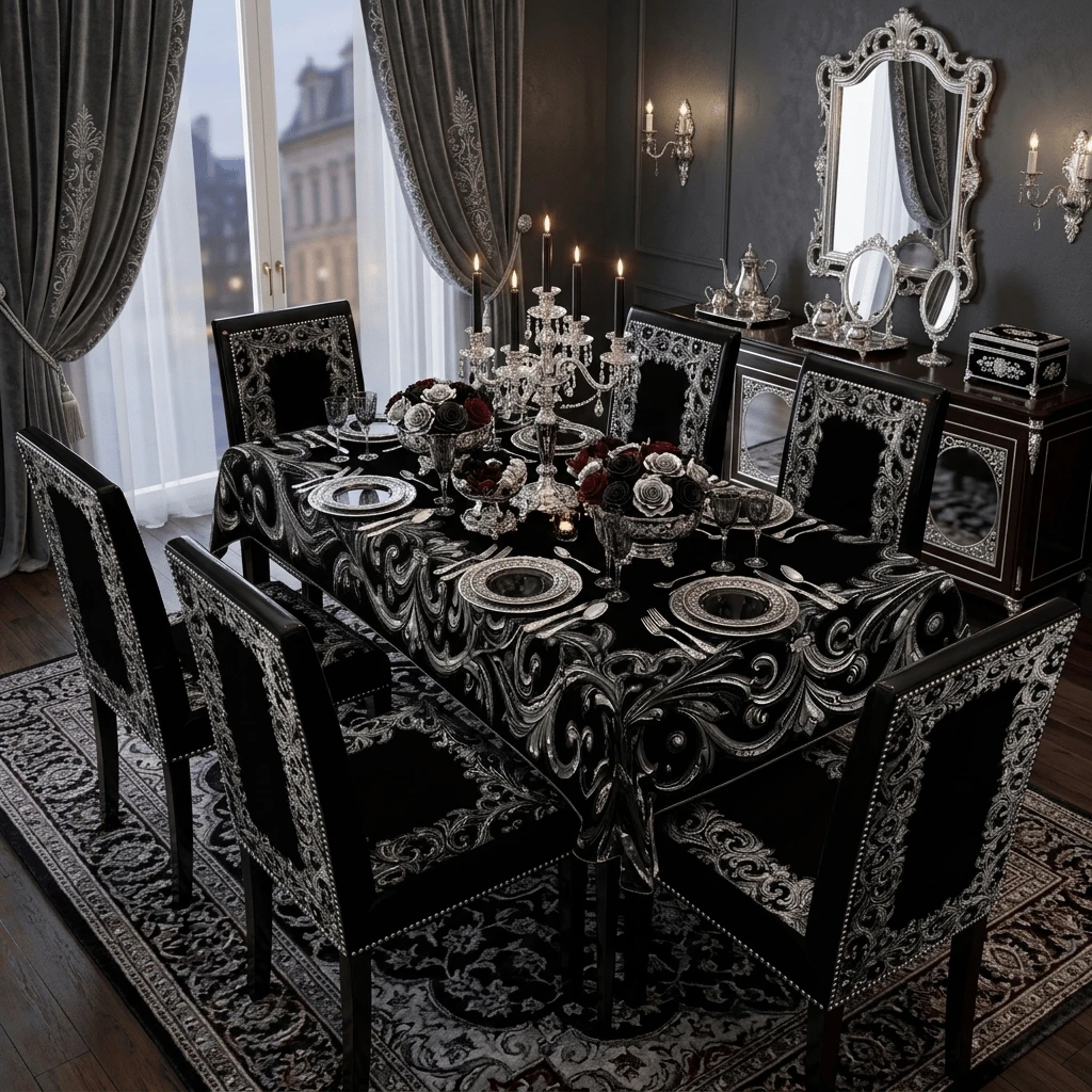 1/4/5/6/7 pezzi Set di coprisedia/coprisedia con stampa a motivo barocco nero & argento, adatto per interni domestici, ristoranti, hotel, scelta ideale per la decorazione quotidiana moderna. Tovaglia adatta per tavolo da pranzo quadrato, coprisedia elastico lavabile.