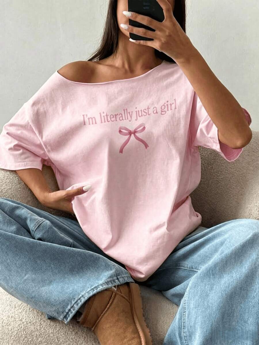 200g Cotton 1 Piece Loose Fit T-Shirt With Off-The-Shoulder Neckline, Slogan And Butterfly Details, Oversized Style Y2K, Pink Graphic T-Shirt For Women - 粉色 - 查看 1
