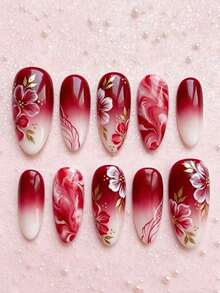 10pcs Luxury Hand-Painted Floral Press-On Nails, Burgundy Gradient, Elegant Bridal Fake Nails, Removable Wedding Nail Stickers - 紅色 - 查看 10