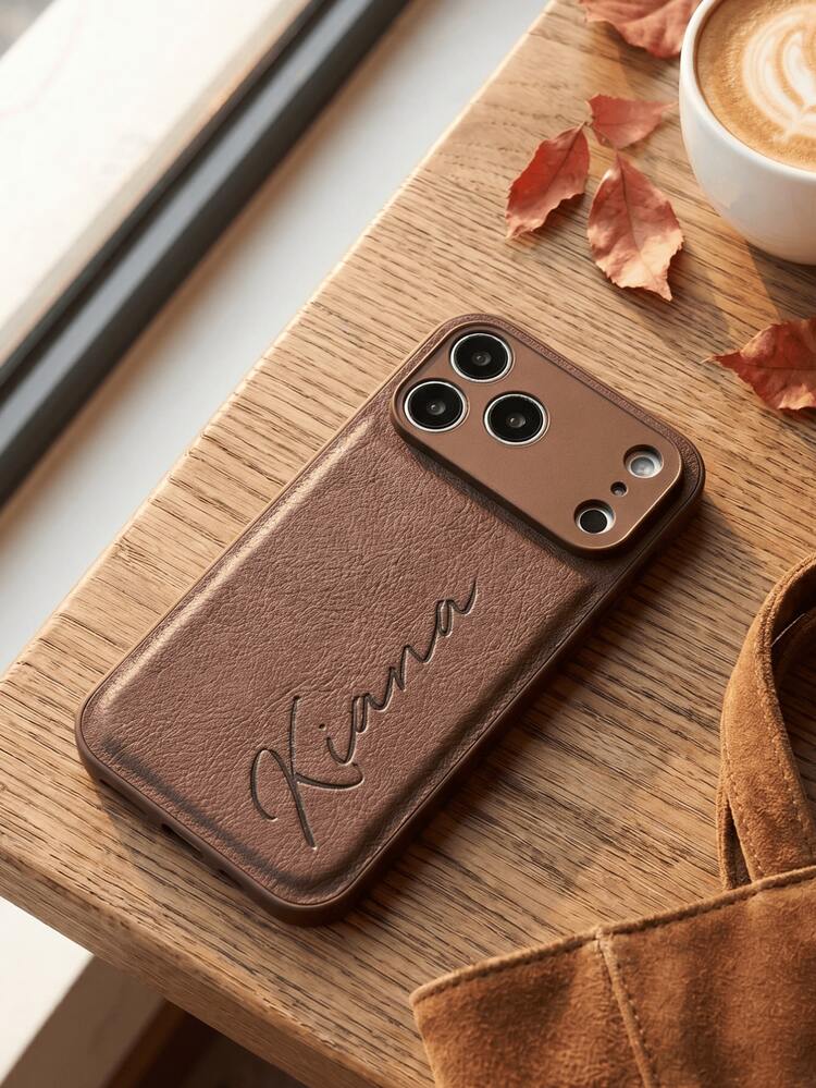 Personalized Initial Phone Case, Burgundy, Textured Design, 3D Engraving & Gold Foil Craft, PU Leather, Compatible With 18 17 16 15 14 13 12 11 Pro Max And Plus Series, Full Coverage Anti-Drop Anti-Scratch Fingerprint-Free Surface, Perfect Gift For Christmas And Anniversary, Suitable For - Brown - View 3