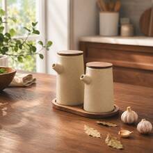 2pcs/1pc 250ml (8.8oz)/350ml (12.32oz) Ceramic Oil Bottle With Walnut Wood Sealed Lid, Round Kitchen Condiment Dispenser For Soy Sauce, Vinegar, Olive Oil And Peanut Oil - View 2