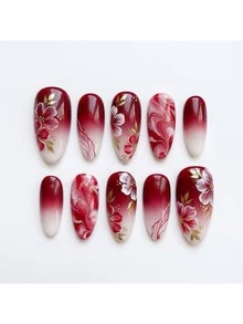 10pcs Luxury Hand-Painted Floral Press-On Nails, Burgundy Gradient, Elegant Bridal Fake Nails, Removable Wedding Nail Stickers - 紅色 - 查看 2