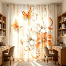 2pcs Modern Art-Style Curtains Featuring A 2D Abstract Oil Painting Print Of Orange And White Lilies And Orange Butterflies,Light-Filtering Window Decor Perfect For Creating A Beautiful Atmosphere In The Living Room Or Bedroom - Multicolor - View 2
