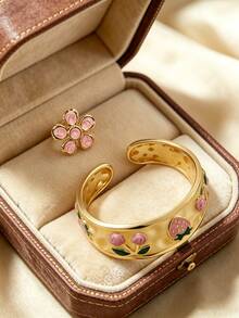 2PCS Minimalist Fashion Retro Elegant Gentle Fruit Style Drip Oil Asymmetrical Cherry Strawberry Bracelet Round Petal Ring Combination Design Stainless Steel Women's Bracelet Suitable For Women's Daily Wear/Party/Evening Banquet/Afternoon Tea/Holiday Gift For Friends - Yellow Gold - View 5