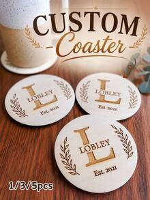 1/3/5pcs Personalized Coasters, Customized With Surname And Established Year, Farmhouse Style Home Decor, Gift For Him, Gift For Her, Gift For Friends, Decorative Item, Personalized Gift, Customized Gift, Anniversary, Family And Friends - Brown - View 1