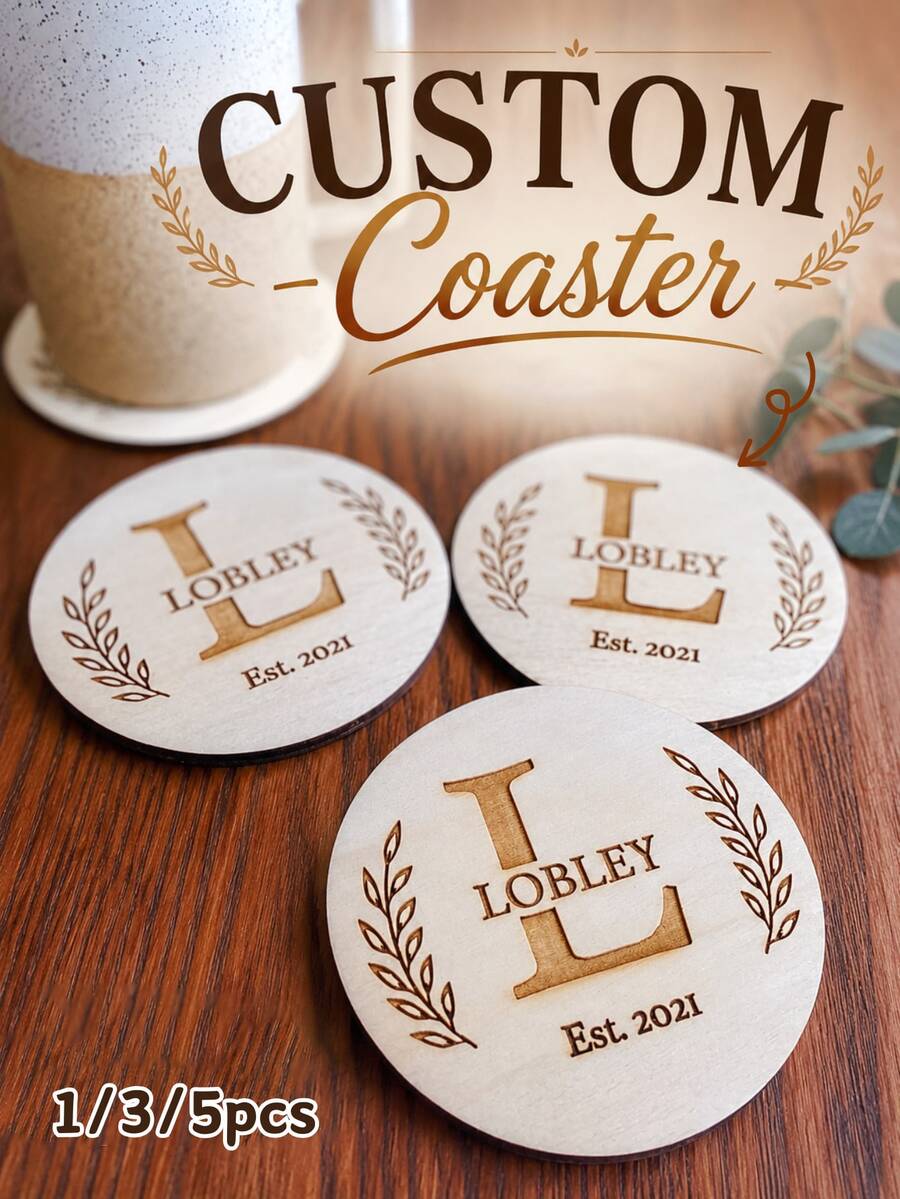 1/3/5pcs Personalized Coasters, Customized With Surname And Established Year, Farmhouse Style Home Decor, Gift For Him, Gift For Her, Gift For Friends, Decorative Item, Personalized Gift, Customized Gift, Anniversary, Family And Friends - Brown - View 1