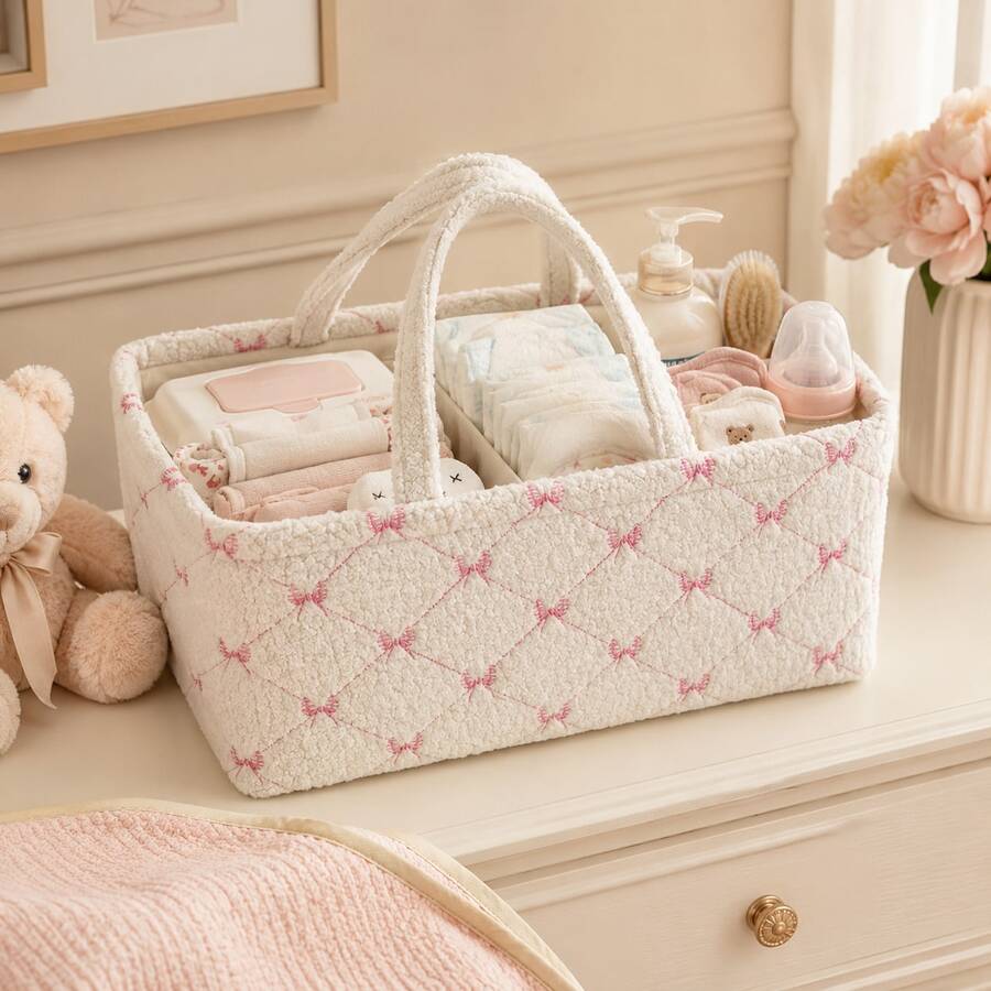 1pc Bow Pattern Diaper Storage Basket, Newborn Diaper Storage Box, Suitable For Nursery Use