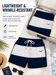 Pantalones cortos casuales de playa para vacaciones para hombre con estampado de bloques de color, cintura elástica con cordón, bolsillos inclinados y forro de malla - Blanco - Ver 10