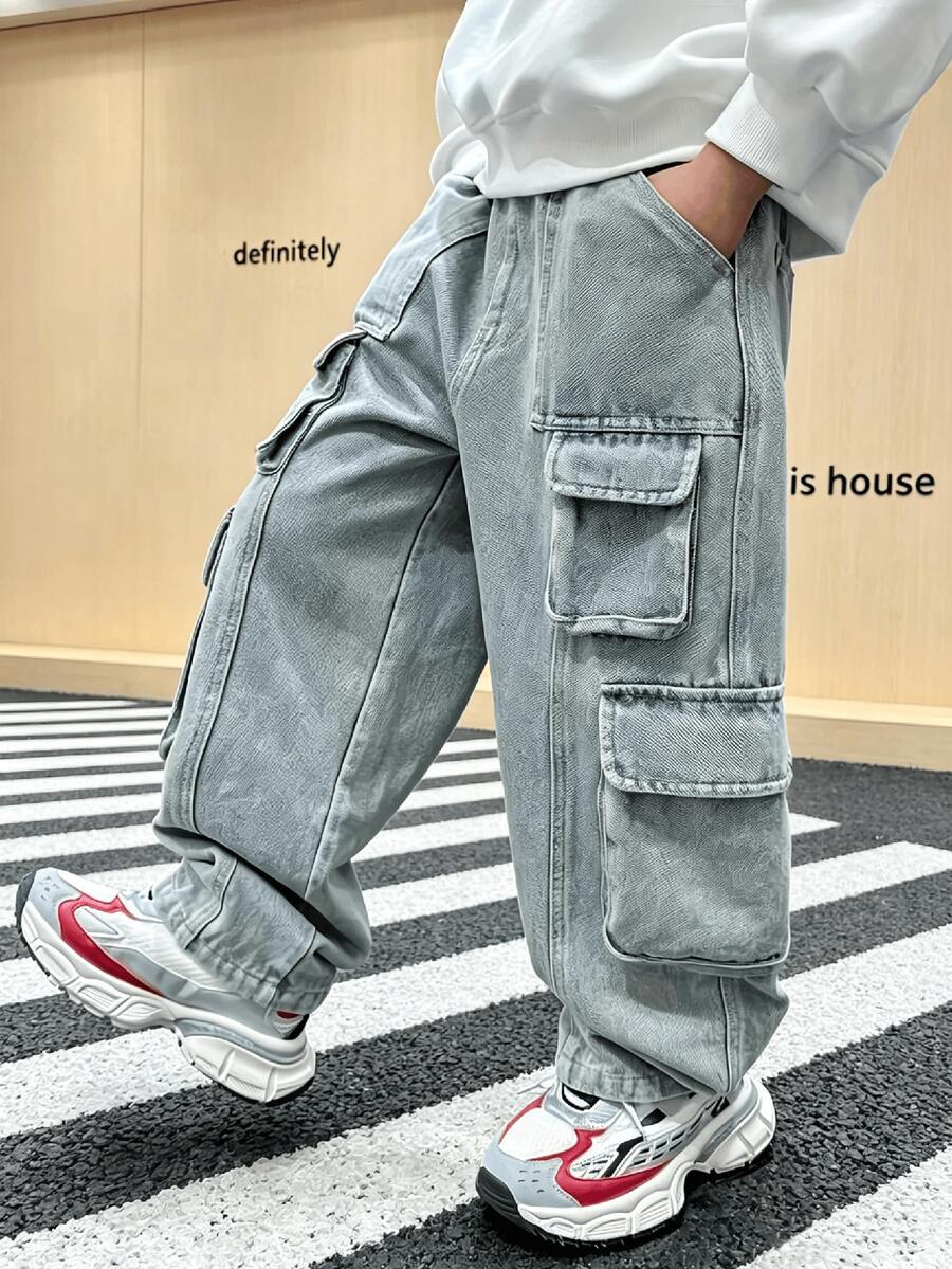 Boys' Denim Cargo Pants, Spring/Autumn 2026 New Style, Straight Leg Long Jeans For Big Kids - Medium Wash - View 1