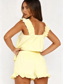 Women Summer Pajama Set Solid Flying Sleeve Tank Tops And Ruffle Shorts 2 Piece Casual Lounge Outfit - Yellow - View 3