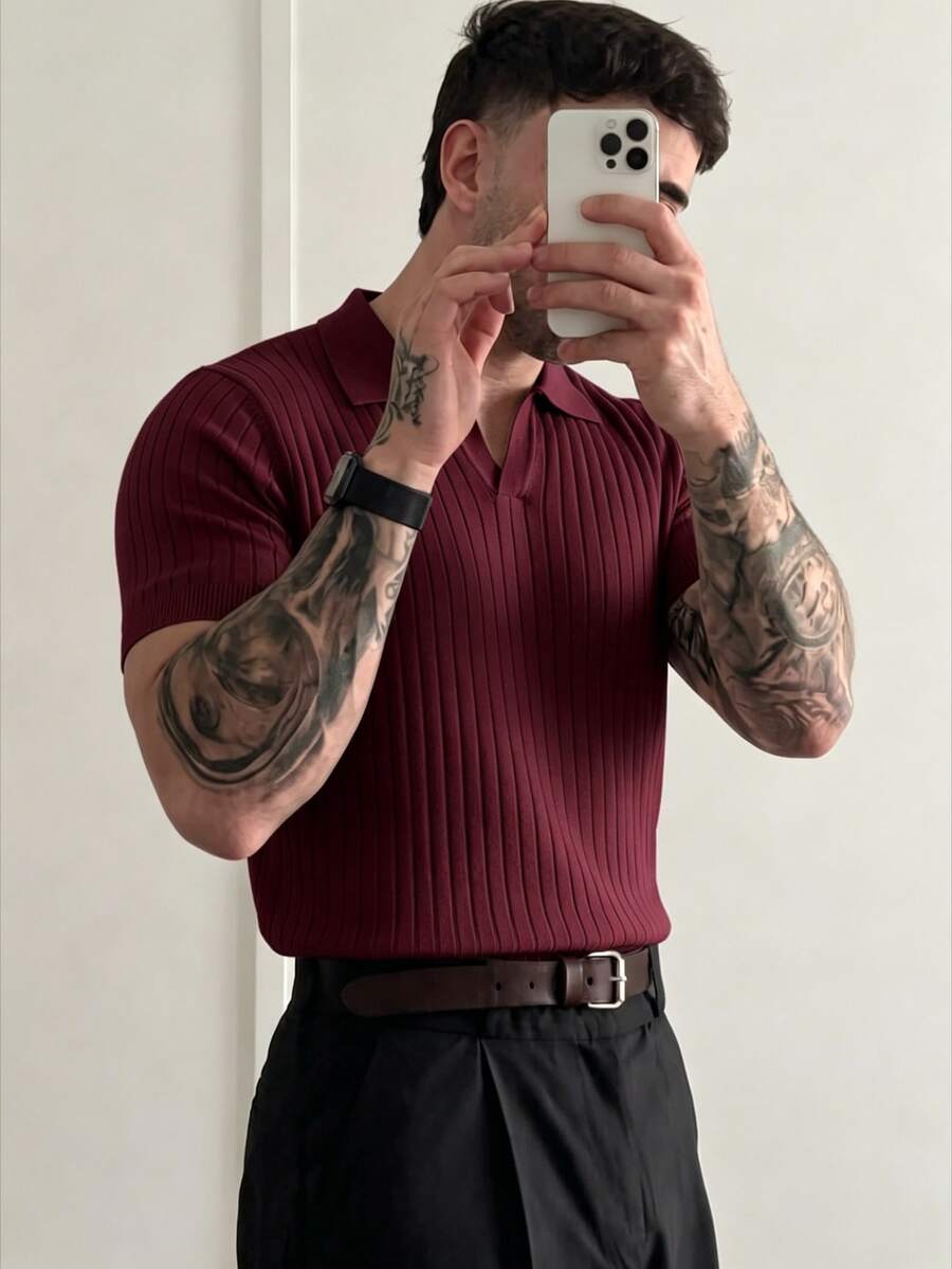 男士夏季時尚羅紋 Polo 領薄針織短袖襯衫