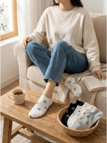 5雙優雅蝴蝶結女襪，時尚舒適，透氣吸汗，適合日常百搭穿著 - 彩色 - 查看 4