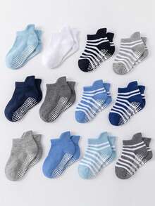 12 Pairs Kids' Unisex Black White Gray Basic Slip-proof Athletic Socks With Cushioned Soles For Trampolining And Floor Exercises - Multicolor - View 9