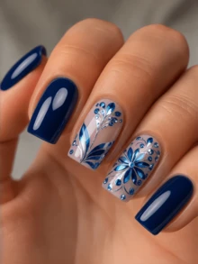 24pcs Medium European Square Fake Nails, Royal Blue And Silver Floral Contrast, Elegant And Exquisite, Brightening And Skin-Flattering, Full Coverage Removable Women's Manicure Set, Suitable For Parties, Balls And Daily Wear - Blue - View 2