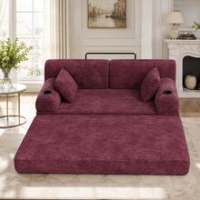 Two-Seater Sofa Bed In Compressed Corduroy, High Back, Metal Frame, High-Density Foam, Two Cup Holders And Four Side Pockets, Ideal For Living Rooms And Small Spaces, Dark Grey - Red - View 6