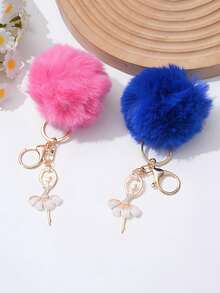 1pc Cute Pom Pom Keychain Pendant Ballet Dance Alloy Plush Charm Angel Girl Pom Pom Keychain - Multicolor - View 5
