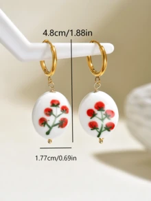 1 Pair Minimalist Gentle Style Oval Hand-Painted Floral Earrings For Women, Vacation, Casual, Travel Wear - Multicolor - View 5