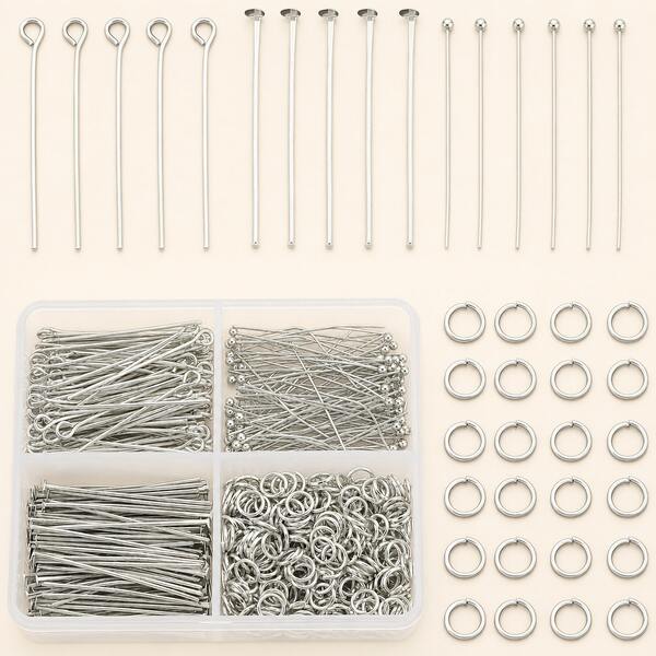 350pcs/Box DIY Jewelry Head Pin Making Kit, Includes 50pcs Eye Pins, 50pcs Ball Head Pins, 50pcs Flat Head Pins And 200pcs Jump Rings, Suitable For Weaving Pendants, Beads, Bracelets, Necklaces, Earrings, Hair Accessories, Wallet Accessories, Jewelry Accessories, Open Jump Rings, Bead String Connectors, Bag Link Pins And Other Handmade Jewelry Accessories Materials