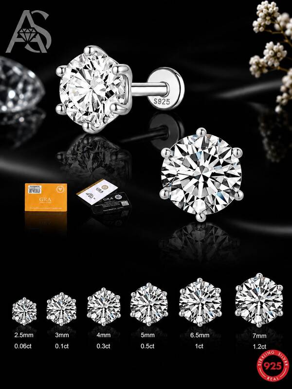 AnlaScheer 1 pieza de pendientes de botón de moissanita de plata de ley 925 de 2mm-7mm con base plana, chapados en oro blanco de 18K, hipoalergénicos D VVS1, para hombres y mujeres, uso diario y fiestas