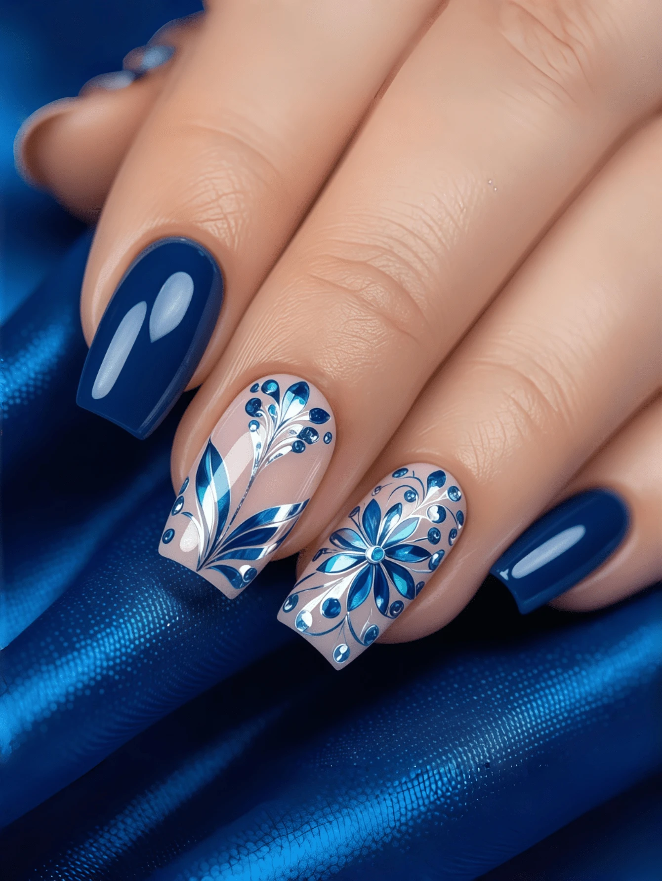 24pcs Medium European Square Fake Nails, Royal Blue And Silver Floral Contrast, Elegant And Exquisite, Brightening And Skin-Flattering, Full Coverage Removable Women's Manicure Set, Suitable For Parties, Balls And Daily Wear - Blue - View 1