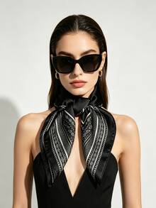 1pc Faux Silk Minimalist Paisley Pattern Printed Square Scarf, Multifunctional Headscarf, Belt, Decorative Ribbon, Hair Accessory, Suitable For Daily Use - Black - View 1
