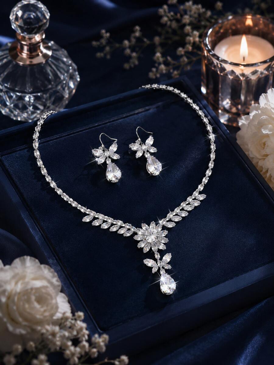 3 PiecesWomen's Gorgeous Rhinestone Jewelry Set, Ladies' Earrings And Necklace, Bridal Wedding Dress Accessories, Party Jewelry - Silver - View 1