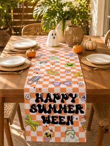 1pc-Happy Summerween Table Runner Retro, Orange Checkerboard Cute Ghost Table Topper, Groovy Spooky Summer Beach Theme Tablecloth Linen For Pool Party Kitchen Decor - Multicolor - View 8