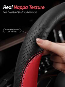 Sportliches Patchwork-Lenkradbezug aus ultrafeiner Faser mit Nappa-Gefühl, mit rutschfestem Innenring aus Gummi, perforiertes atmungsaktives Design, geeignet für alle Jahreszeiten, passend für Autos, LKWs und SUVs, Autoinnenraum-Accessoire - Lederperforation - Übersicht 6