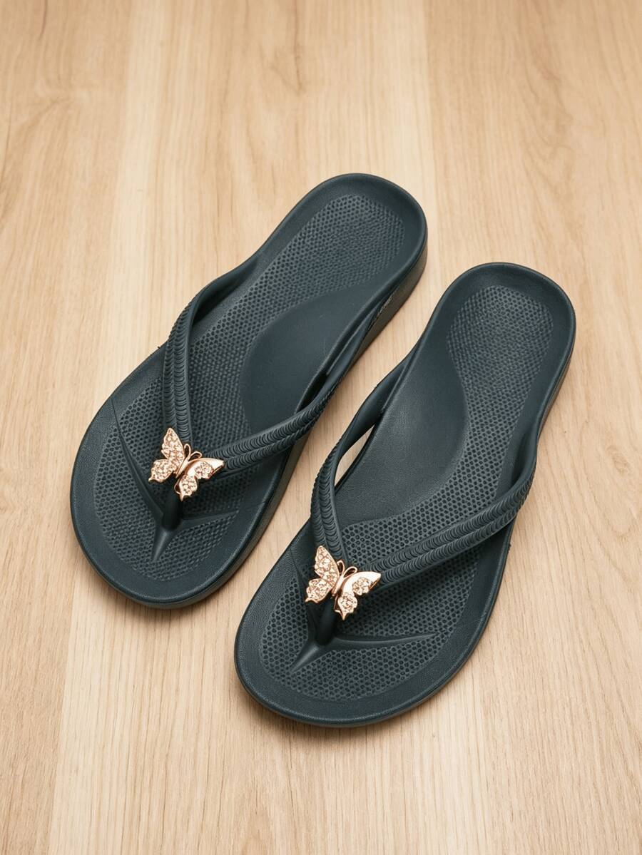 Women Rhinestone Butterfly Decor Wedge Flip Flops, Lightweight EVA Thick Sole Non‑Slip Thong Sandals, Waterproof Summer Beach Vacation Slippers - Navy Blue - View 1