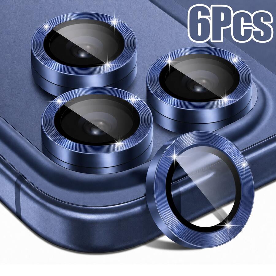 CASECOPS 6片裝藍色CD圖案圓形相機鏡頭保護貼膜含安裝工具組，適用於 17 Pro Max/17 Pro/17 Air/17e/17、16 Pro Max/16 Pro/16 Plus/16e/16、15 Pro Max/15 Pro/15 Plus/15、14/13/12/11及其他機型。採用AR高品質9H硬度鋼化玻璃配鋼化玻璃金屬環，高清晰度、防震、抗油、防刮、防指紋、防塵、全覆蓋