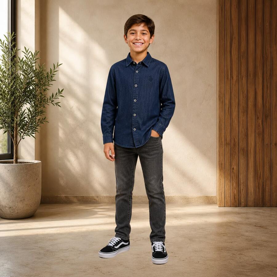 Men's Long Jeans Shirt For Children And Youth - 寶藍色 - 查看 1
