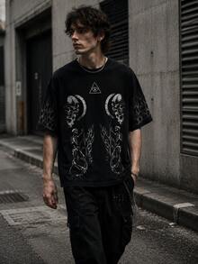 Skyrend 男士夏季深色哥德龐克骷髏圖案寬鬆版型短袖街頭風印花T恤上衣 - 黑色 - 查看 6