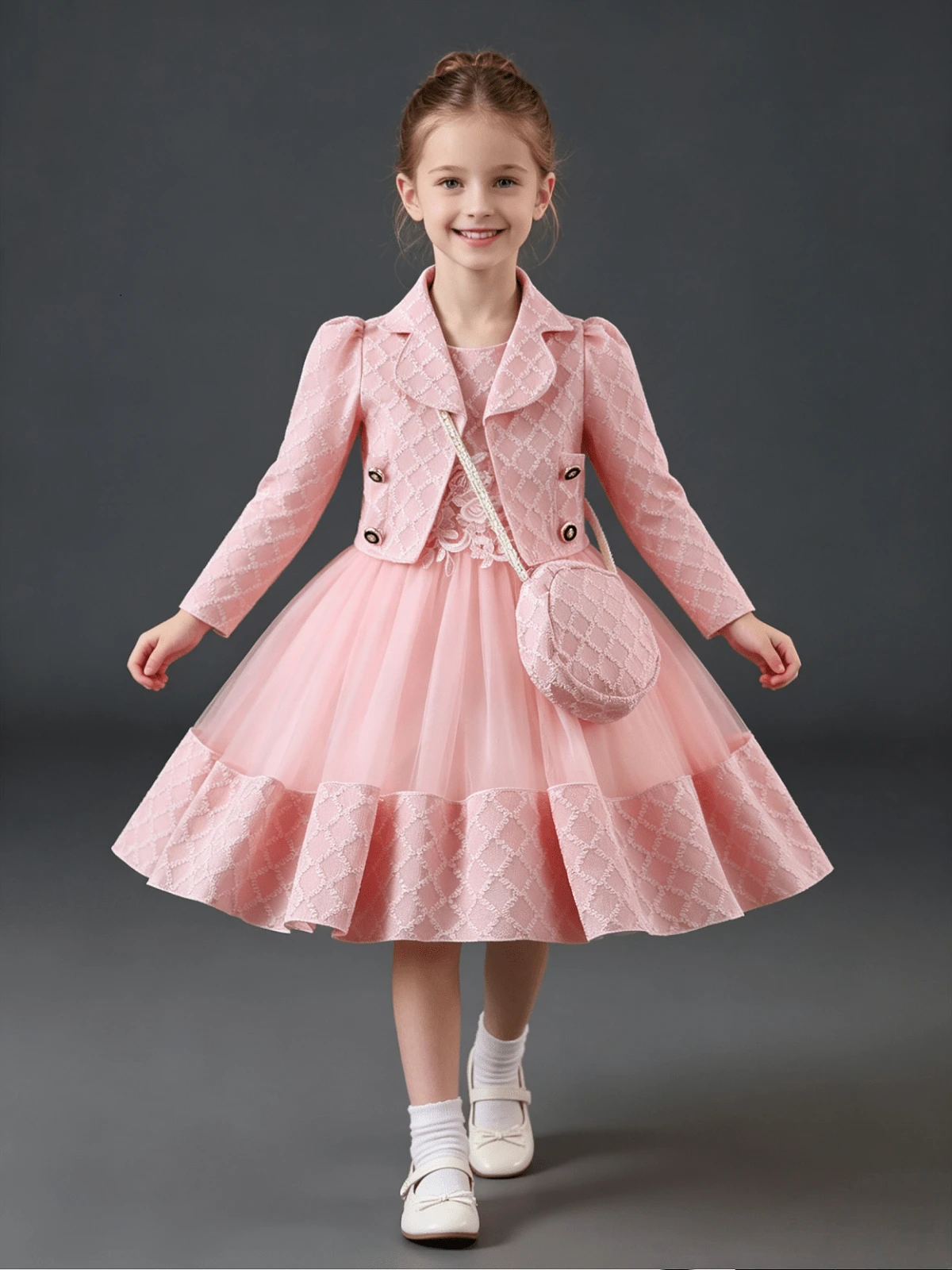 Girls Dress Set, 3 PiecesLong Sleeve Formal Dress Outfit, Perfect For Holidays, Birthdays And Special Occasions - Pink - View 1