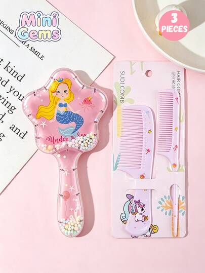 3pcs Star-Shaped Handle Cushion Brush Set, Transparent Glitter Remover, Portable Mini Comb And Fine-Tooth Rat Tail Styling Comb, Suitable For Daily Home And Travel Use
