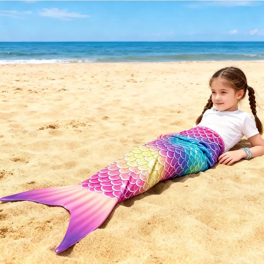 可愛眨眼金髮美人魚法蘭絨抱枕毯,彩虹漸層魚鱗美人魚花冠圖案,230GSM 超柔軟親膚布料,適合裝飾沙發、沙發床,美人魚愛好者的理想禮物 - 彩色 - 查看 1