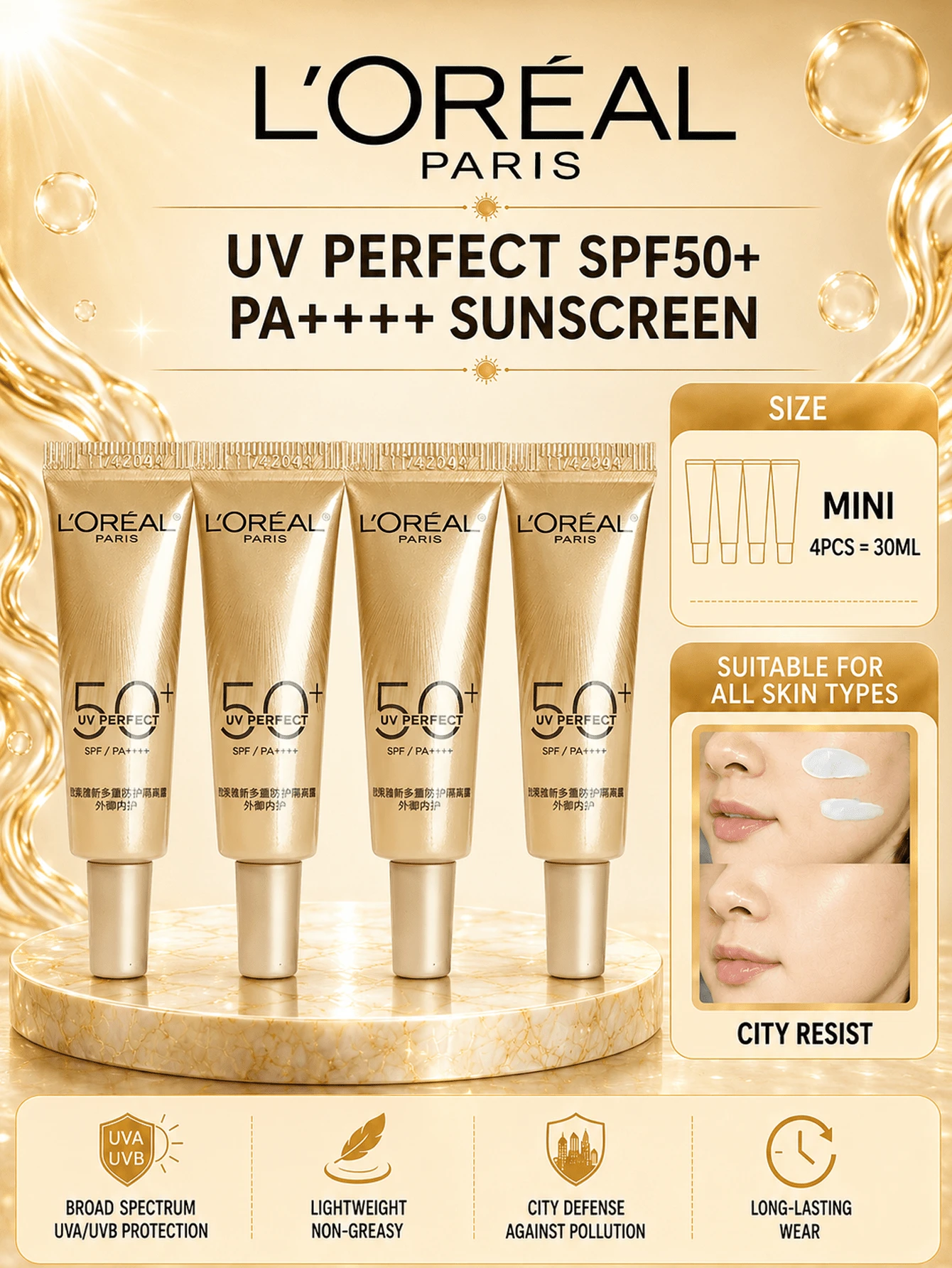 L’Oreal Paris L'Oreal Nueva Crema Aislante de Multi-Protección, Muestra 7ml, 4 piezas, SPF50+PA++++, Textura Ligera, No Grasosa, Frescura de Larga Duración, Adecuada para Todos los Tipos de Piel