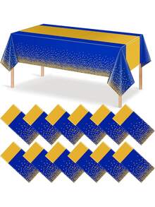 1/6/12pcs 54 X 108 Inch Blue & Gold Polka Dot Premium Disposable Plastic Tablecloth - Polka Dot Plastic Tablecloth Printed Long Tablecloth, Suitable For Rectangular Tables, Camping Tablecloth, Birthday Party Picnic Baby Shower Engagement Party Decoration - Blue Gold - View 2