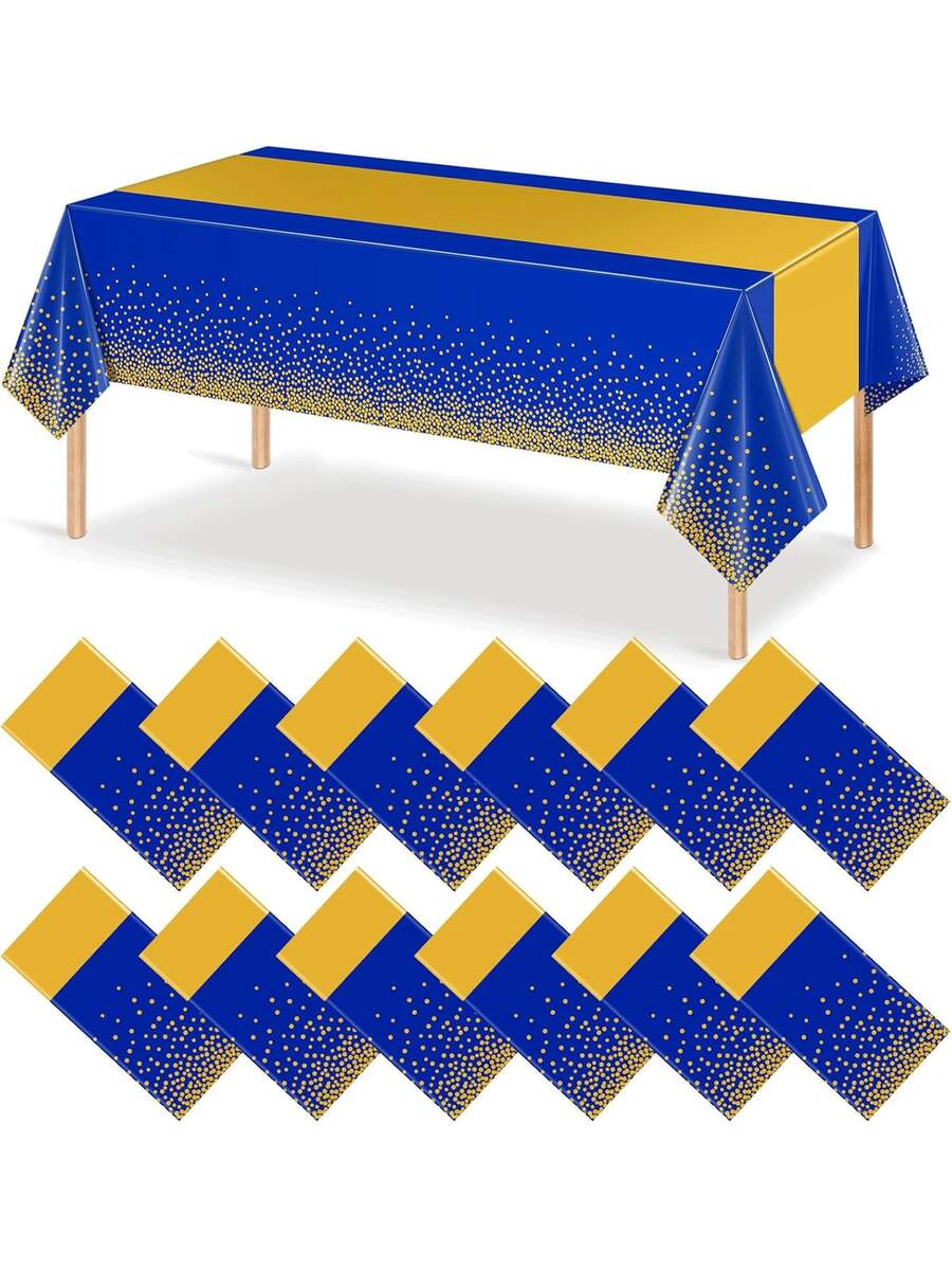 1/6/12pcs 54 X 108 Inch Blue & Gold Polka Dot Premium Disposable Plastic Tablecloth - Polka Dot Plastic Tablecloth Printed Long Tablecloth, Suitable For Rectangular Tables, Camping Tablecloth, Birthday Party Picnic Baby Shower Engagement Party Decoration