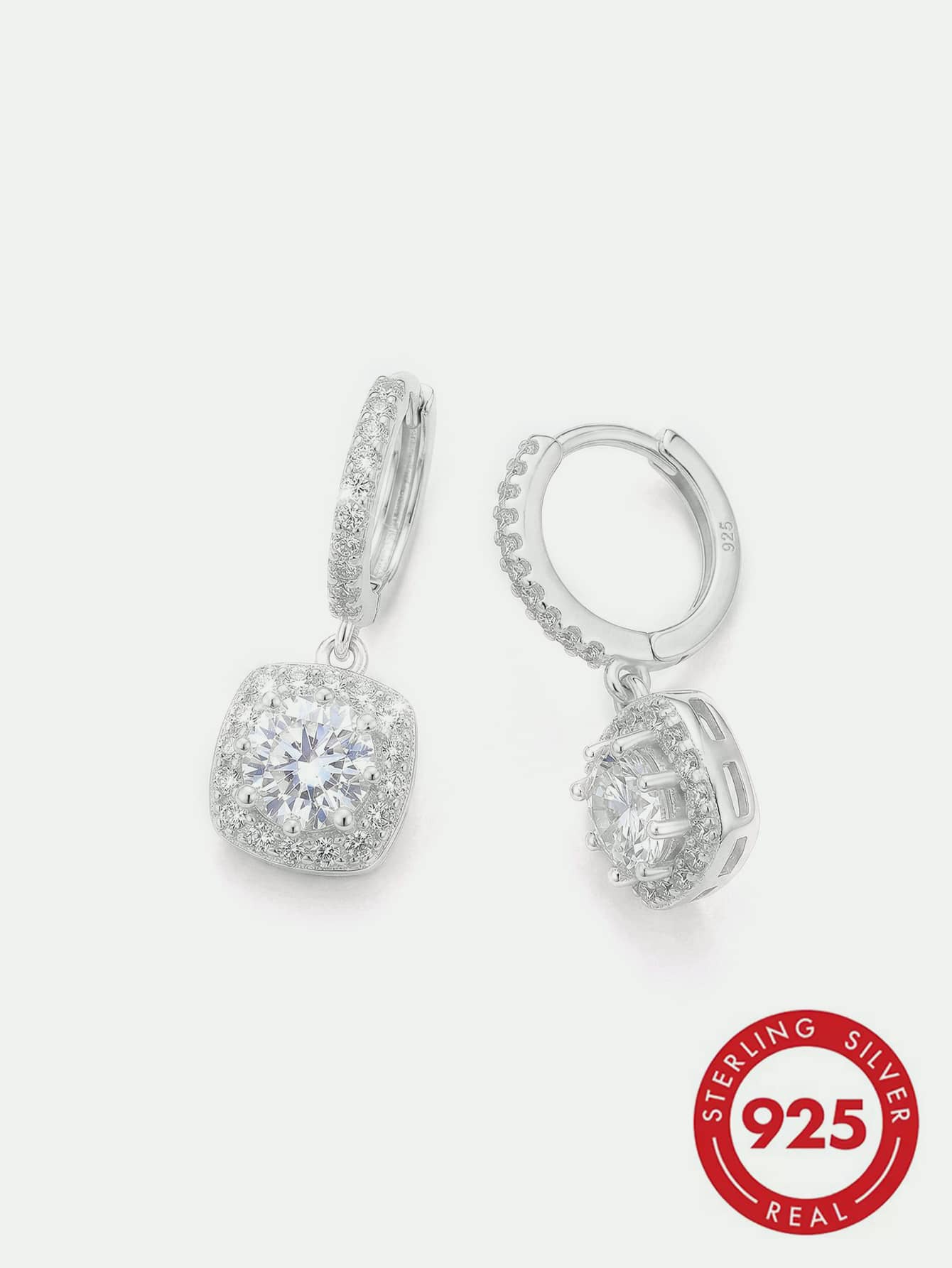 925 Sterling Silver Plated White Gold Square Cube CZ Pendant Hoop Earrings, Cubic Zirconia Inlaid Dangle Earrings, Luxury Jewelry For Women, Gift Box Included