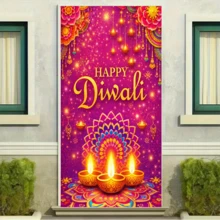 2D Planar Backdrop For Diwali Party - Purple Mandala Oil Lamp Theme, Featuring Colorful Flower Decorations And The English Words "Happy Diwali", Made Of Durable Polyester, No Power Supply Required - 1 - View 3