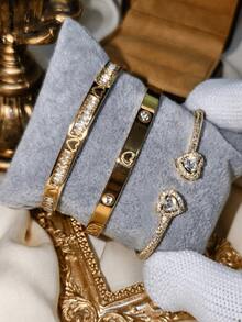 1 pieza/3 piezas Juego de pulsera de lujo de acero inoxidable chapada en oro de 18K con corazón de diamantes de imitación, combinada con brazalete abierto de cobre incrustado con circonita cúbica de alta transparencia, resistente a la decoloración, versátil para el uso diario, citas, fiestas, juego de pulseras premium para mujeres - Dorado - Ver 3
