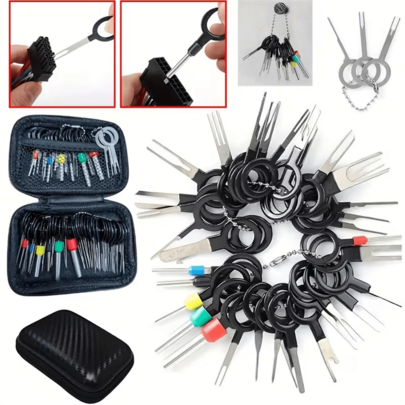 41件組專業汽車端子拆卸工具組 | 線束拉拔器 + 端子蓋，維修工具組，碳鋼材質，通用於手動汽車維護與拆卸工具，無需電池