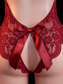 1pc Women's Sexy Open Crotch Lace Jumpsuit, Backless Sheer Bow Teddy, No-Removal Lingerie For Home Or Private Party - Burgundy - View 6