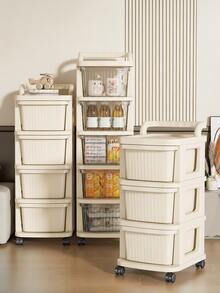 1pc Cream-Color Plastic Drawer Storage Cabinet With Wheels, Suitable For Storing Snacks, Toys, Cosmetics And Various Other Items, Great For Home Organization - Multicolor - View 2