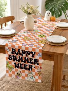 1pc-Happy Summerween Table Runner Retro, Orange Checkerboard Cute Ghost Table Topper, Groovy Spooky Summer Beach Theme Tablecloth Linen For Pool Party Kitchen Decor - Multicolor - View 2